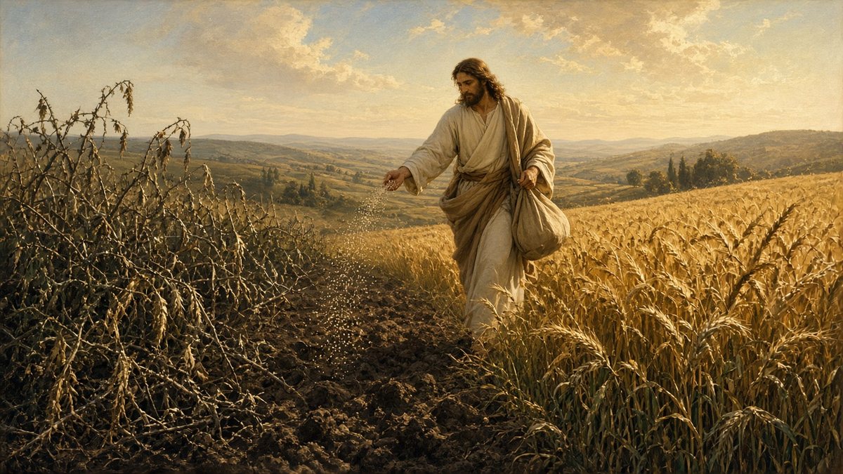 A sower scattering seed along a furrow between thorny stalks and ripe golden grain, under a morning sky (Matthew 13)