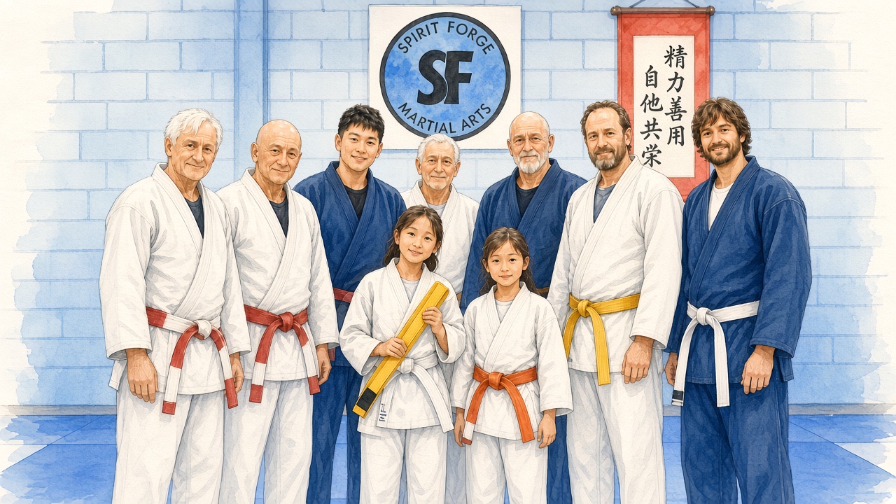 Watercolor sketch of judoka of all ages and belt colors at the club