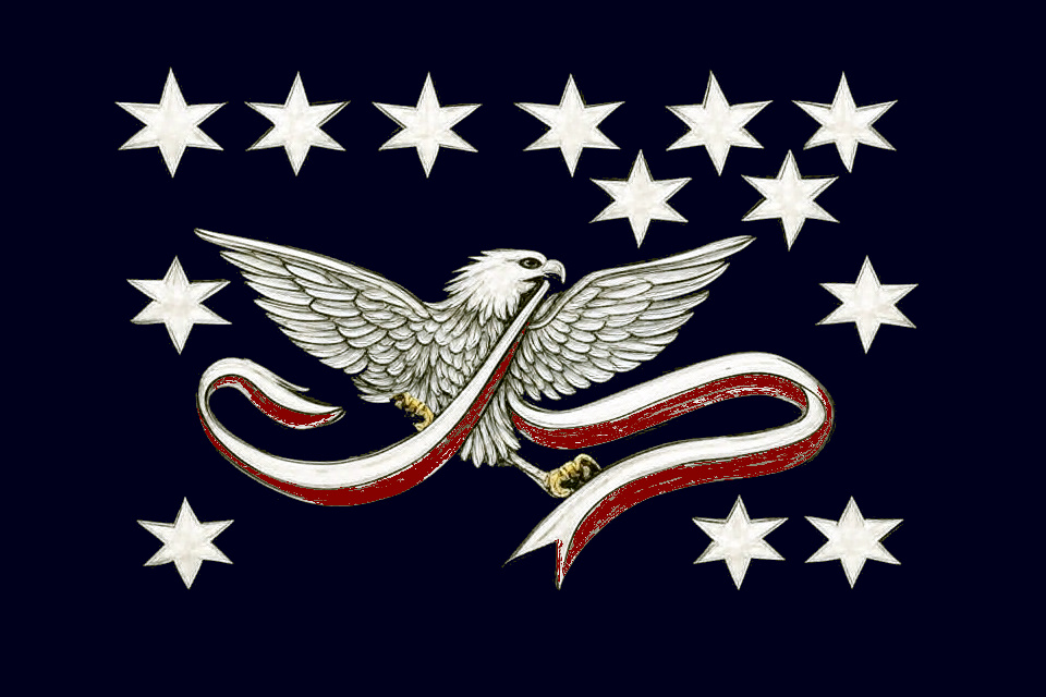 The Whiskey Rebellion flag: a white eagle with a red and white ribbon among thirteen six pointed stars on a dark blue field.