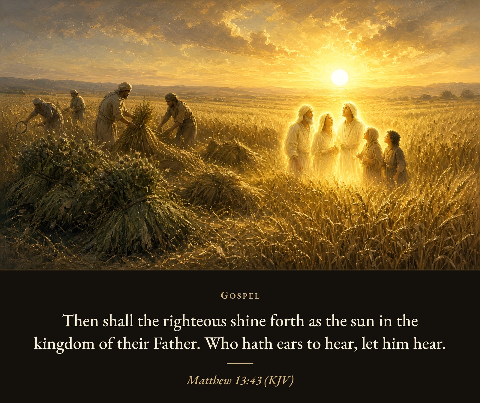 Harvesters bind sheaves of wheat in a golden field at sunrise while a group of radiant figures stands among the grain.