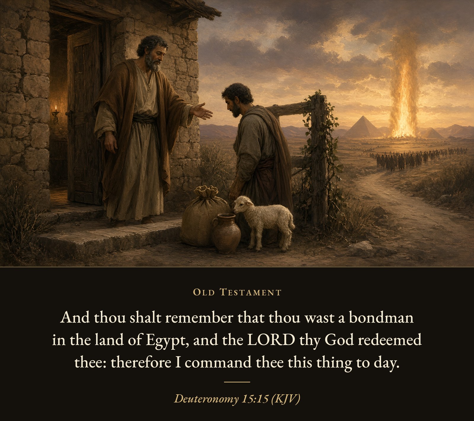 An Israelite at his doorway sends a freed servant on his way with grain, a jar, and a lamb, while a pillar of fire glows over a distant column of people near the pyramids.