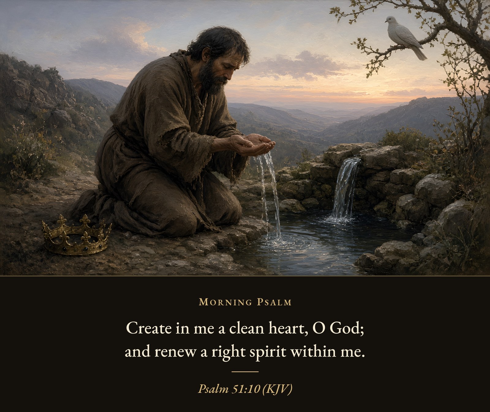 A kneeling man with a crown set aside on the ground cups clear water from a spring at dawn, a white dove perched in a nearby tree.