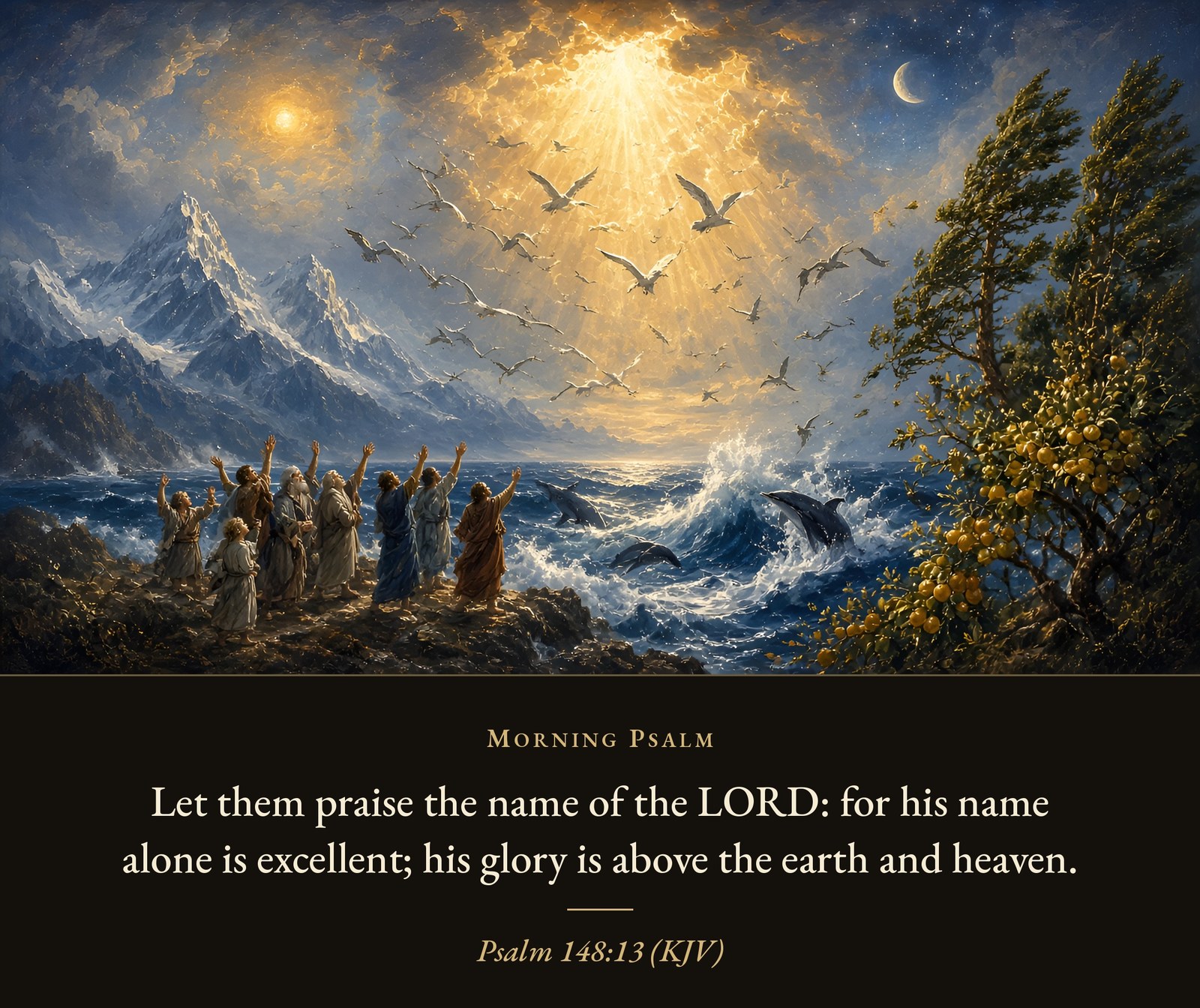 People on a rocky shore lift their hands in praise beneath sun, moon, and stars, with birds overhead, sea creatures in the waves, mountains, and fruit trees.