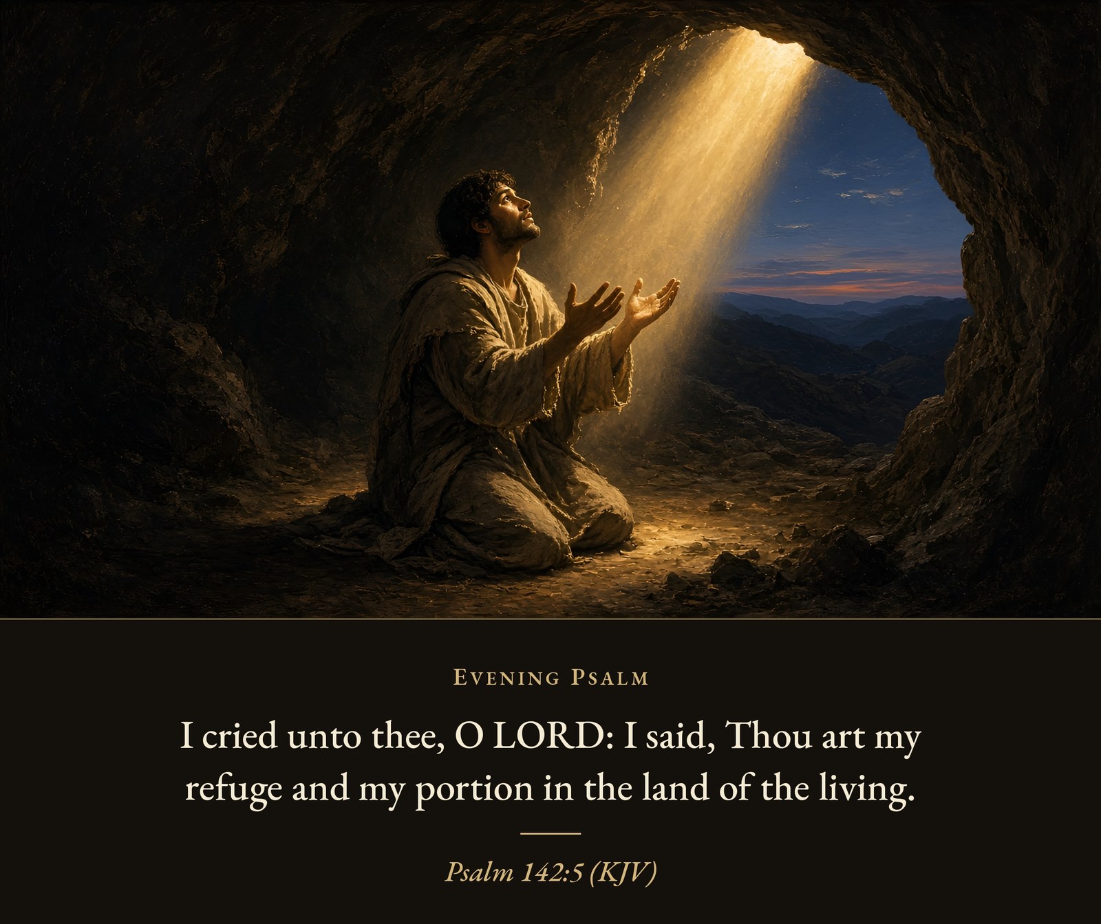 A young man kneels in a dim cave, lifting his face and open hands toward a shaft of golden light at dusk.