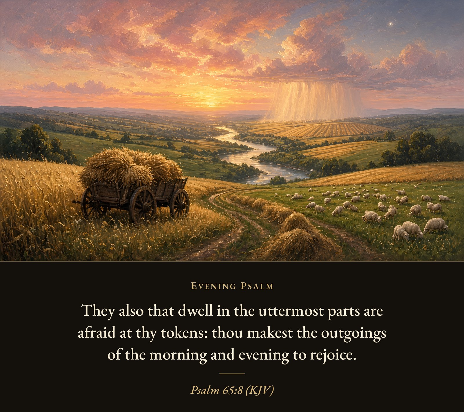 A river winds through golden grain fields and green pastures with grazing sheep and a loaded hay cart under a glowing sunset sky.