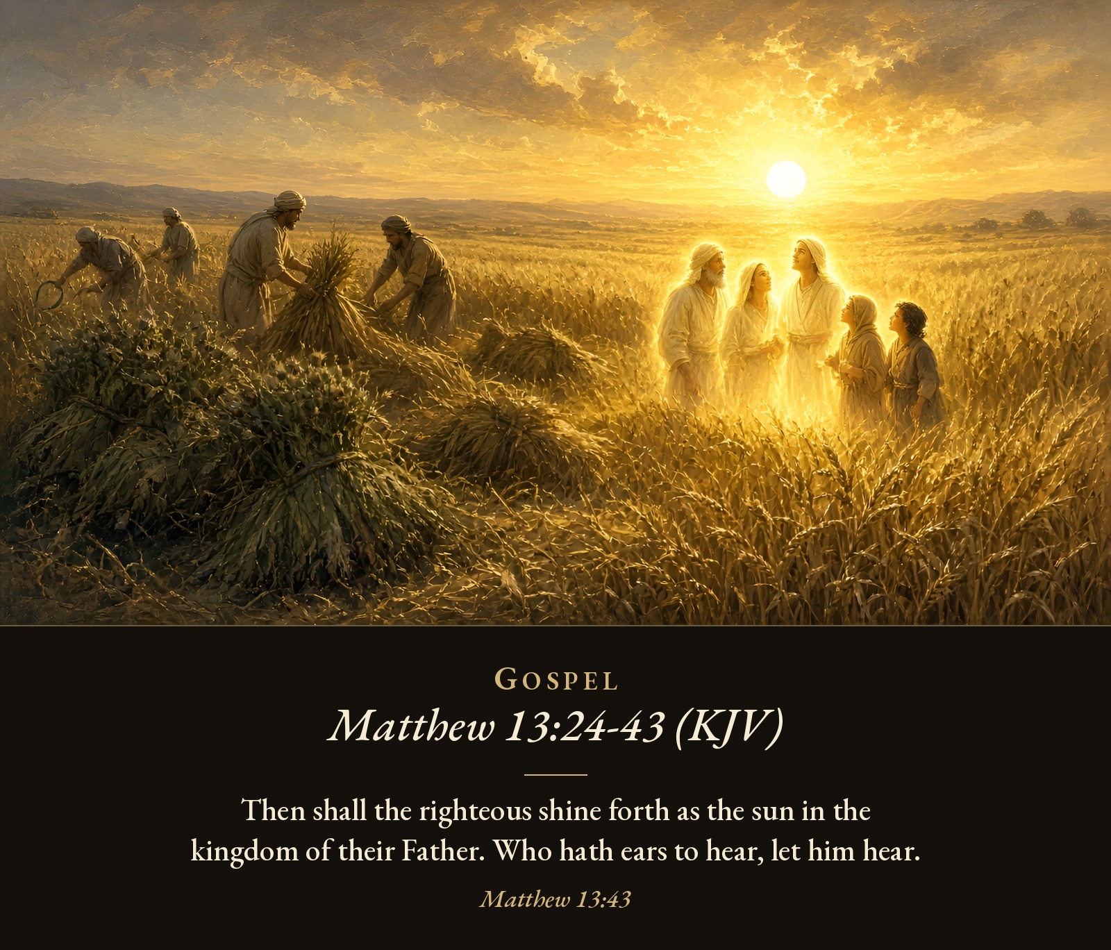 Harvesters bind sheaves of wheat in a golden field at sunrise while a group of radiant figures stands among the grain.
