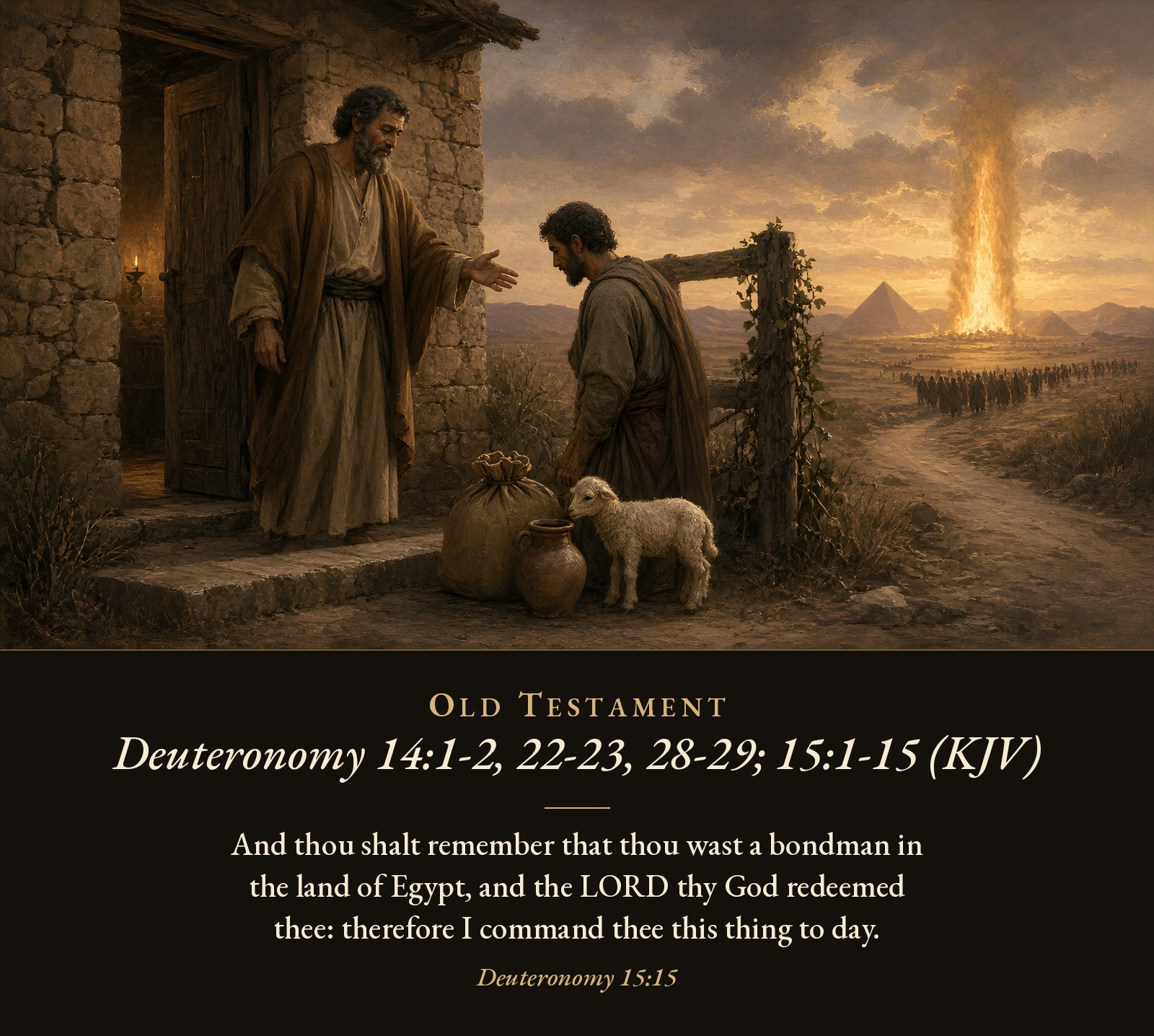 An Israelite at his doorway sends a freed servant on his way with grain, a jar, and a lamb, while a pillar of fire glows over a distant column of people near the pyramids.