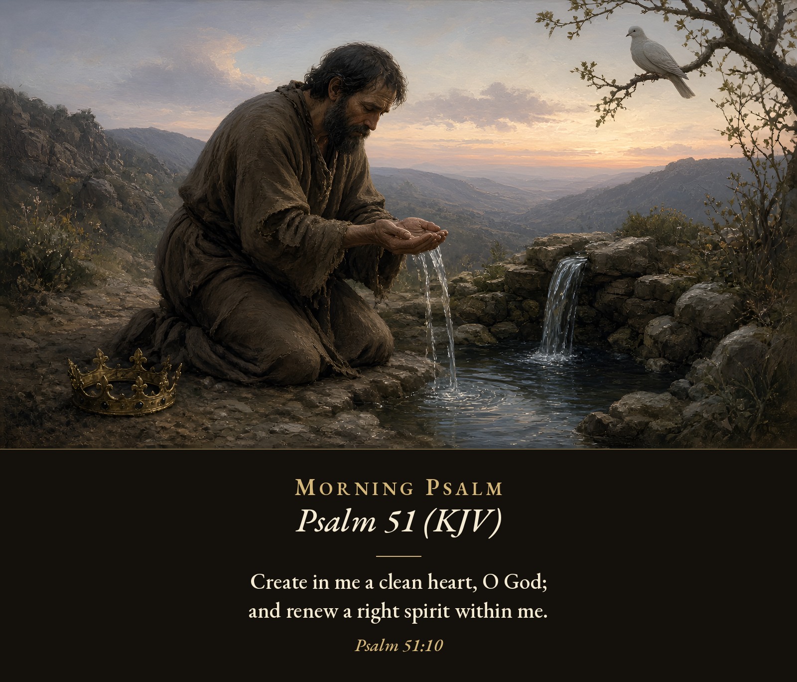 A kneeling man with a crown set aside on the ground cups clear water from a spring at dawn, a white dove perched in a nearby tree.