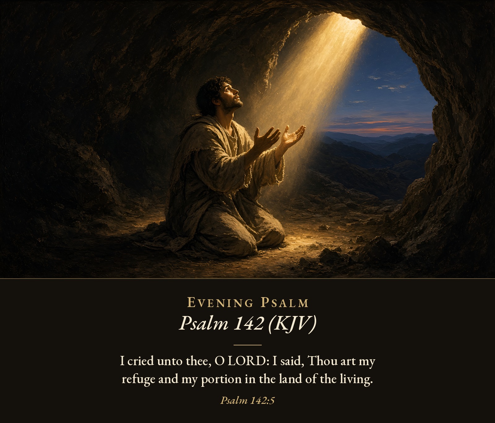 A young man kneels in a dim cave, lifting his face and open hands toward a shaft of golden light at dusk.
