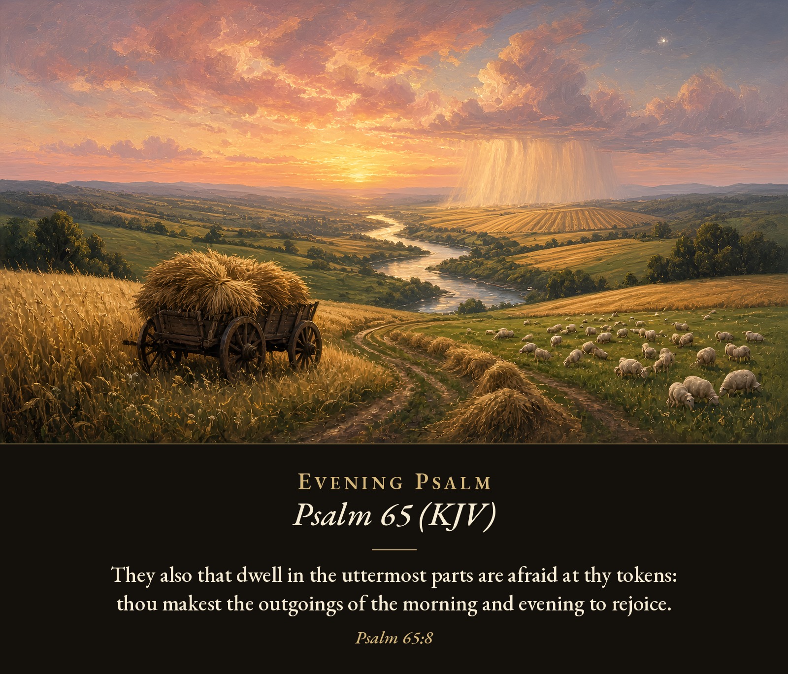 A river winds through golden grain fields and green pastures with grazing sheep and a loaded hay cart under a glowing sunset sky.