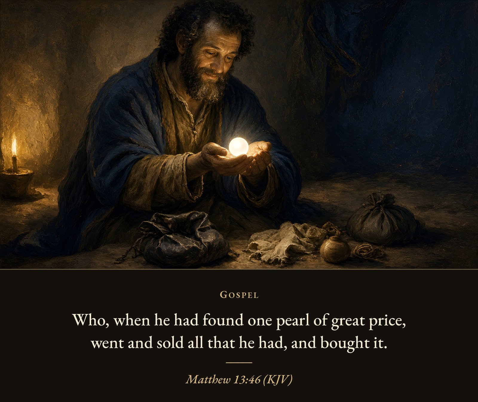 A bearded man kneels in a candlelit room, gazing at a single glowing pearl cupped in his hands, with empty sacks on the floor beside him.