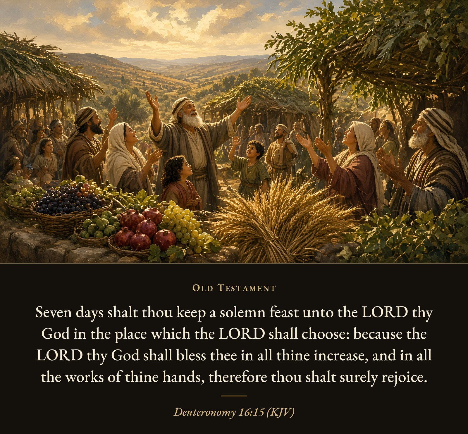 Families gather beneath leafy harvest booths in the hills, lifting their hands in joy beside baskets of grapes, pomegranates, and sheaves of grain.