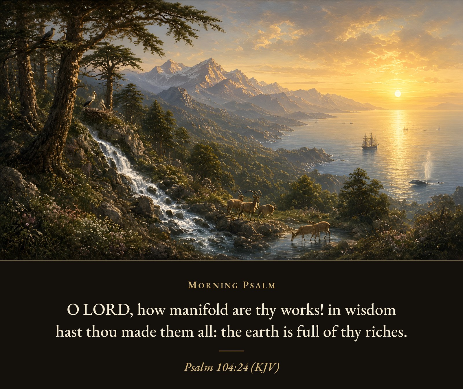 The sun rises over the sea and mountains while a stream tumbles past tall cedars, birds perch in the branches, and deer drink at the water.