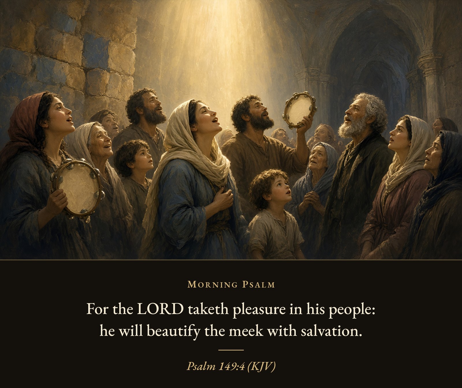 Men, women, and children of all ages sing with uplifted faces and tambourines in a stone hall filled with soft light from above.