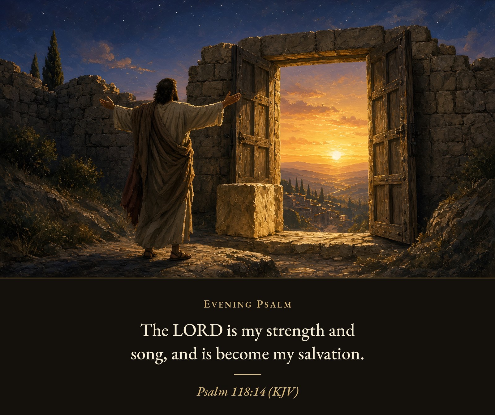 A man stands with arms raised before an open stone city gate at dusk, a large cornerstone block set beside the gateway as the sun sets beyond.