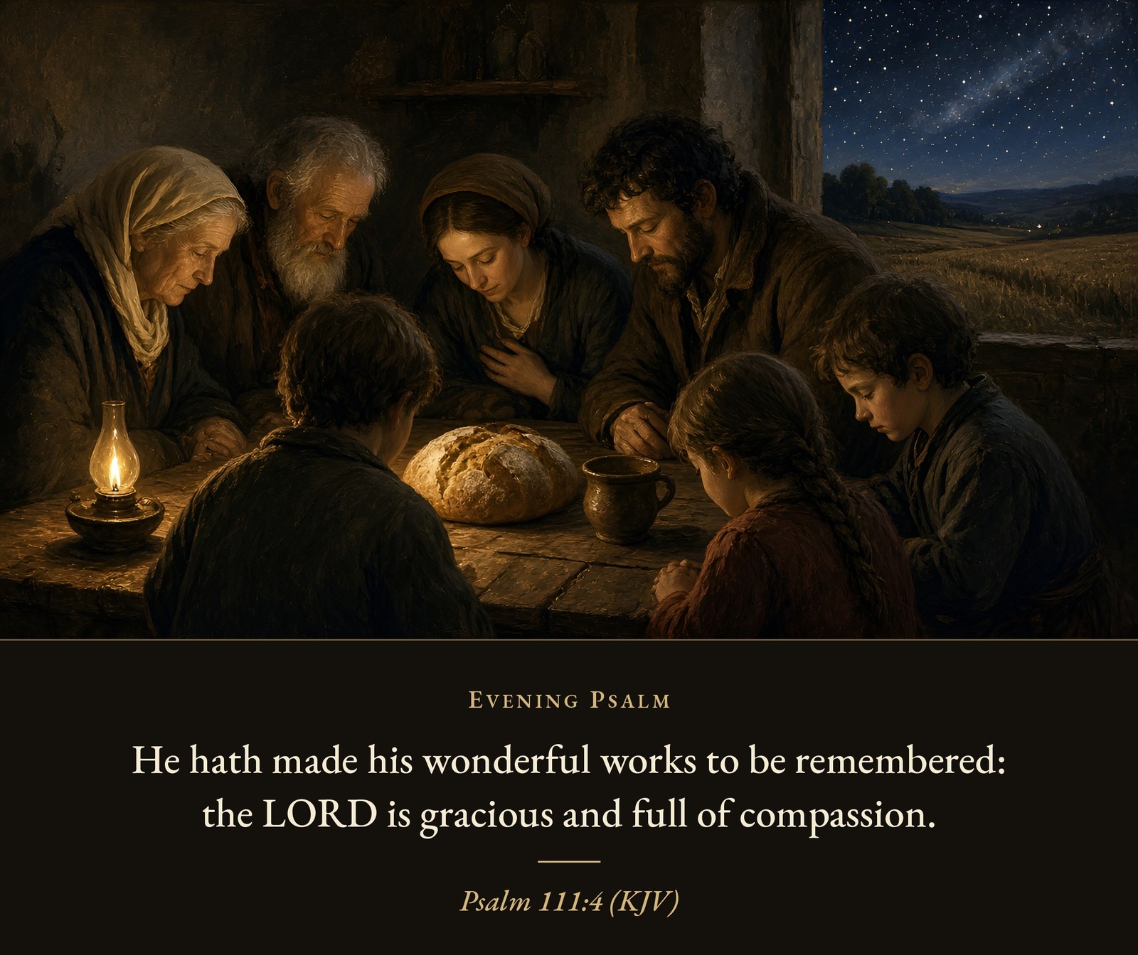 A family of several generations gathers around an evening table with a loaf of bread, a cup, and an oil lamp, beside a window open to a starry sky.