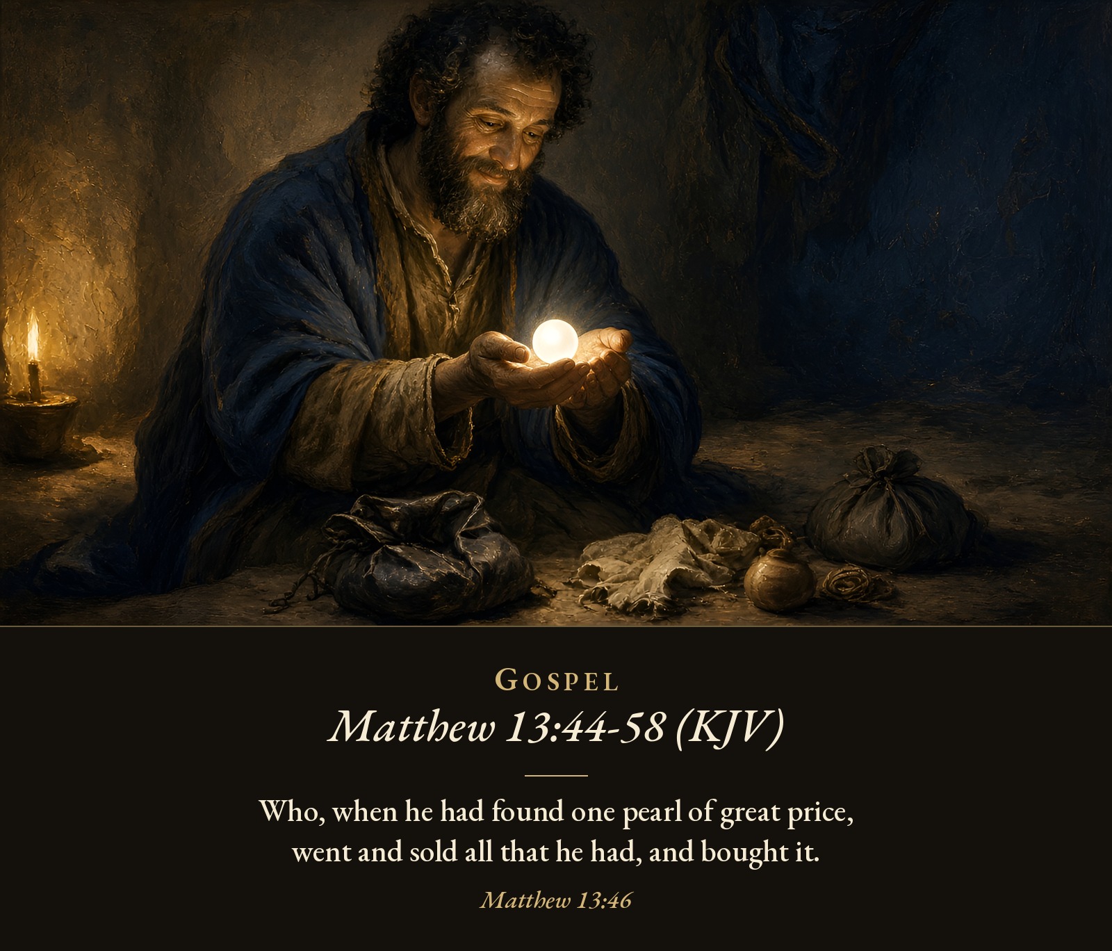 A bearded man kneels in a candlelit room, gazing at a single glowing pearl cupped in his hands, with empty sacks on the floor beside him.