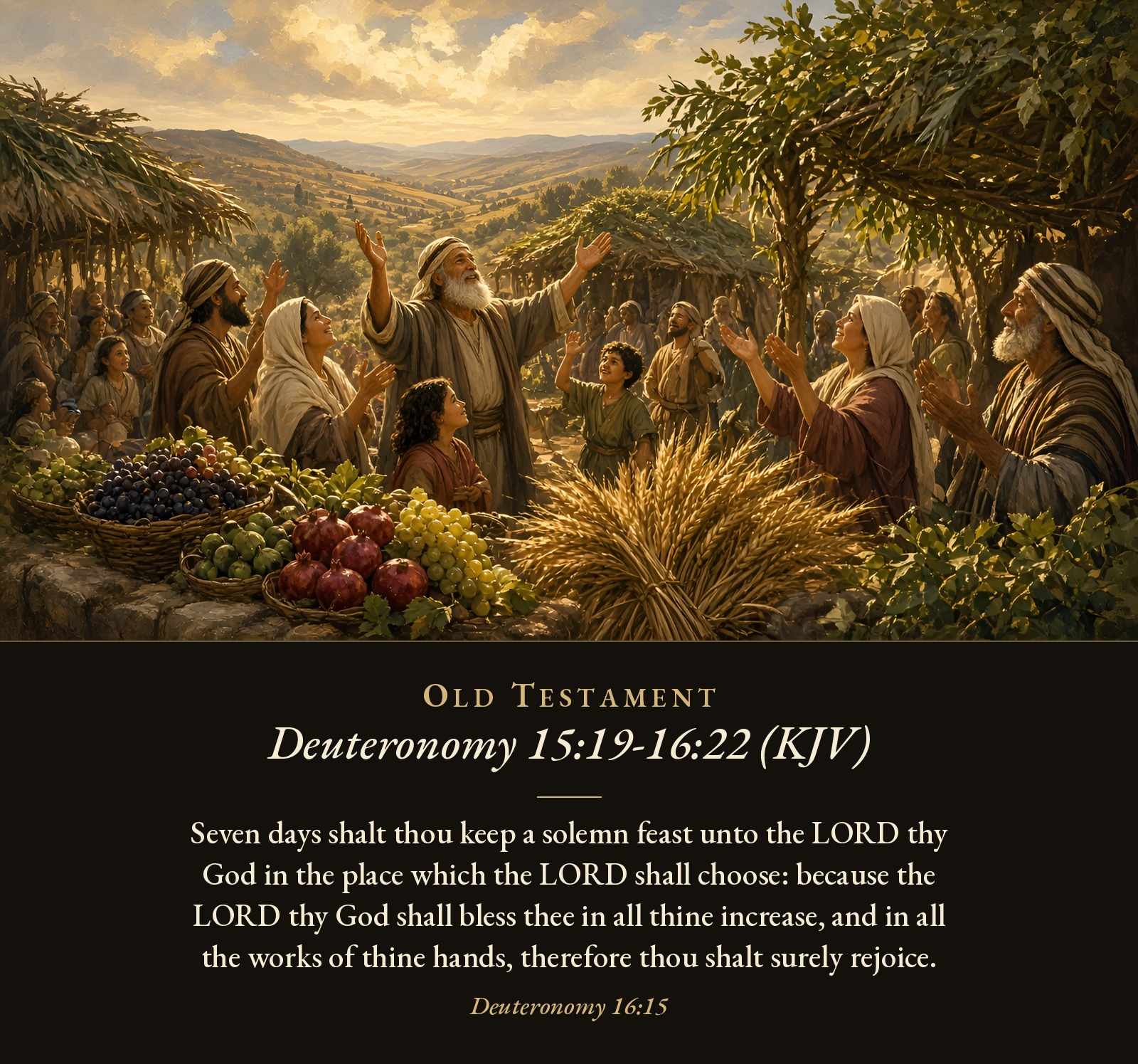 Families gather beneath leafy harvest booths in the hills, lifting their hands in joy beside baskets of grapes, pomegranates, and sheaves of grain.