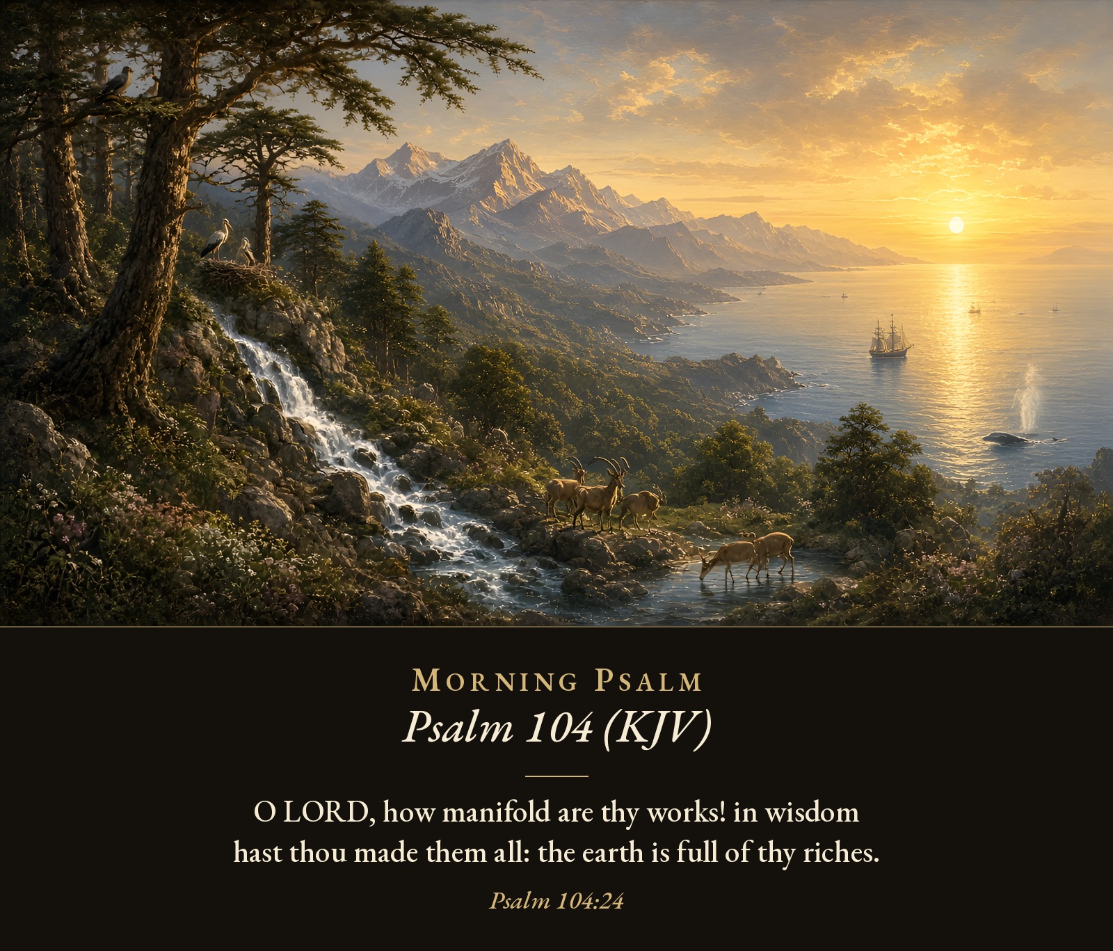 The sun rises over the sea and mountains while a stream tumbles past tall cedars, birds perch in the branches, and deer drink at the water.