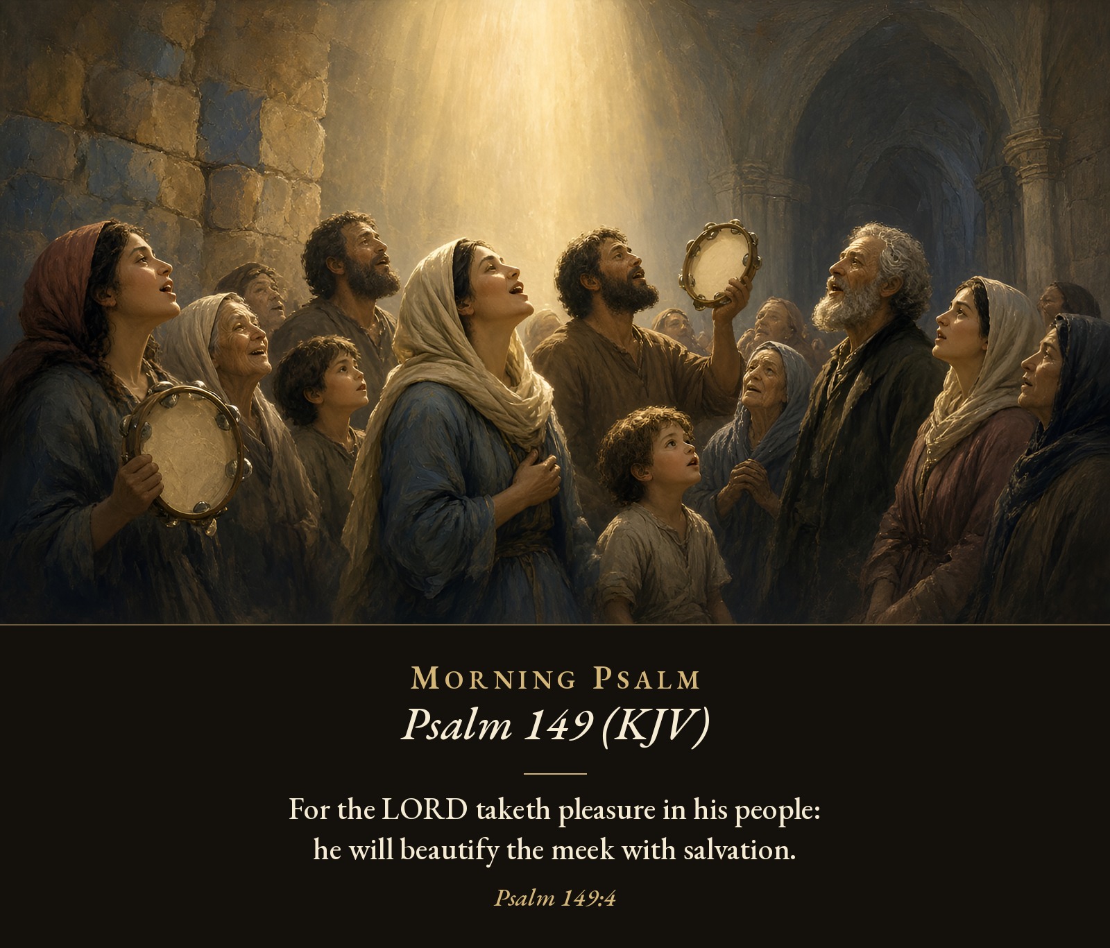 Men, women, and children of all ages sing with uplifted faces and tambourines in a stone hall filled with soft light from above.