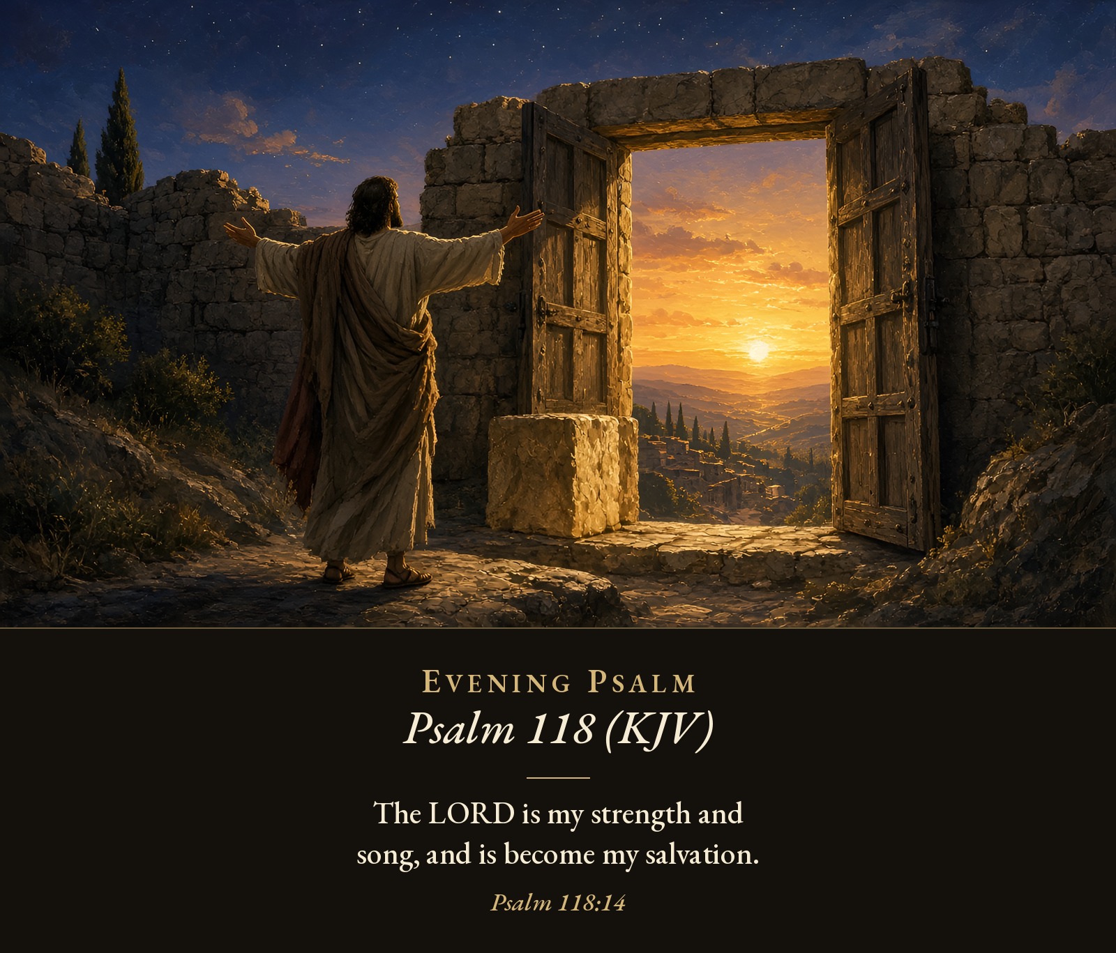 A man stands with arms raised before an open stone city gate at dusk, a large cornerstone block set beside the gateway as the sun sets beyond.
