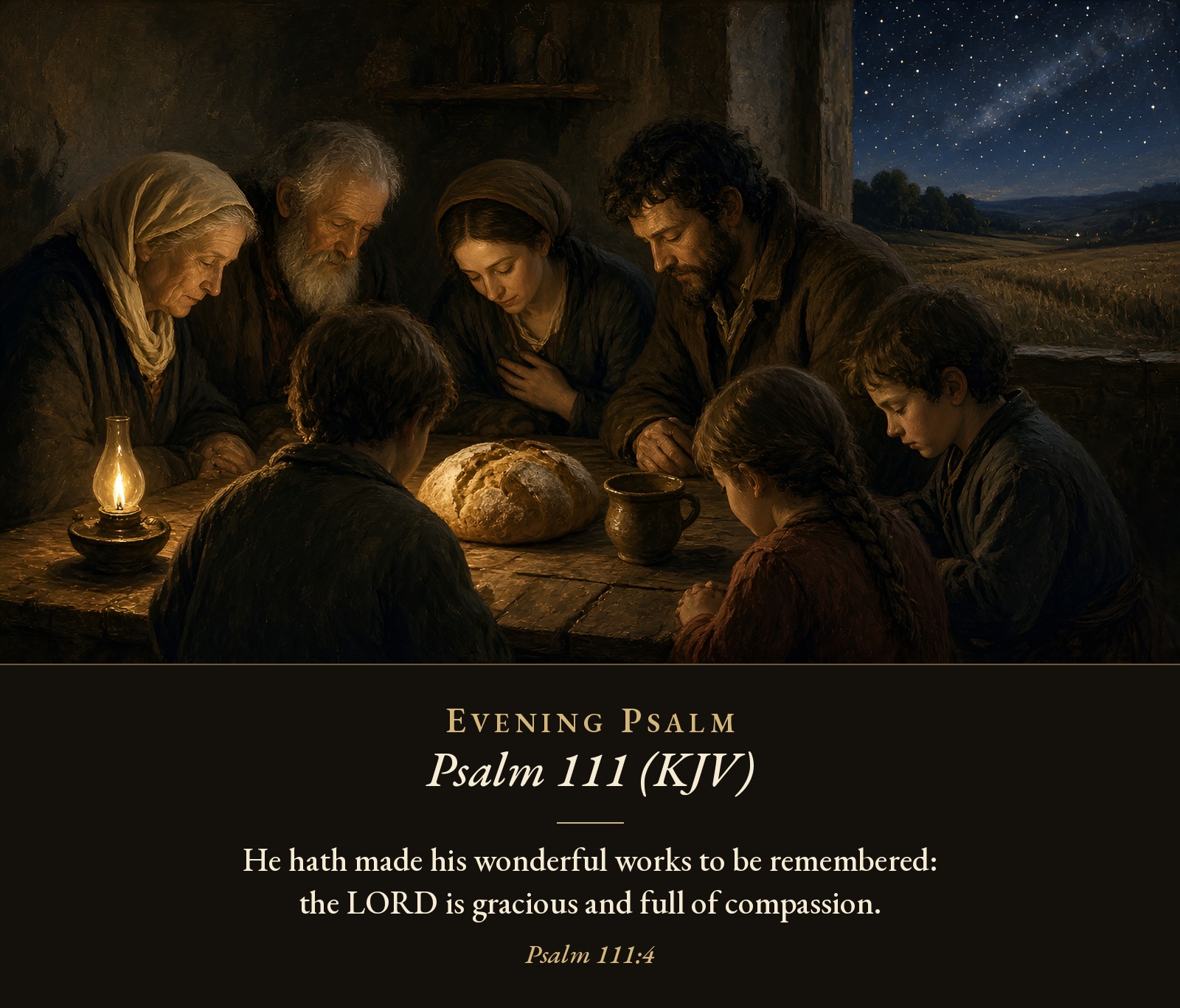 A family of several generations gathers around an evening table with a loaf of bread, a cup, and an oil lamp, beside a window open to a starry sky.