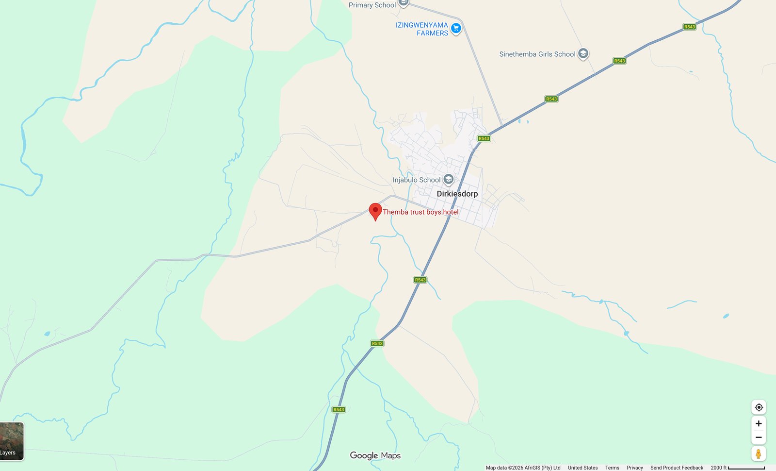 Google Maps view of Dirkiesdorp, Mpumalanga, with the R543 road running through the village.